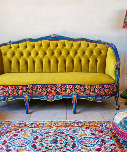 ספה מעוצבת קטיפה חרדל