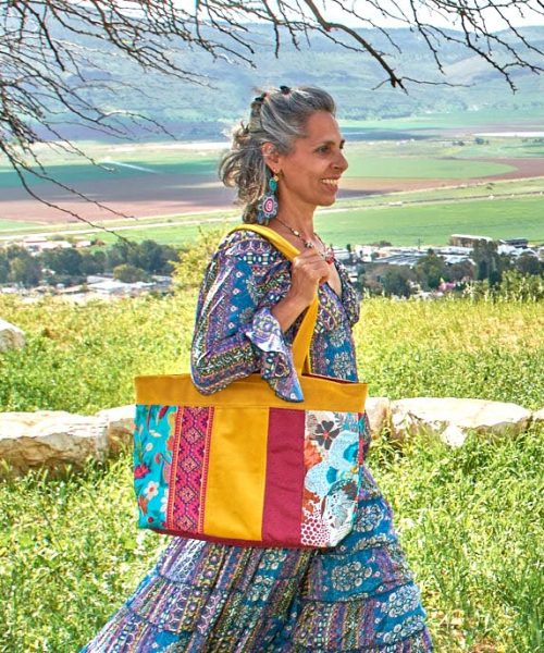 תיק בד גדול טורקיז פרחוני